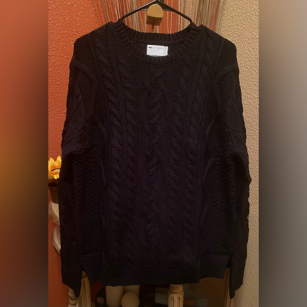 New-ASOS DESIGN heavyweight cable knit crew neck sweater in black